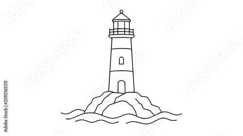 Tableau sur toile A clean black and white line art vector icon of a coastal lighthouse tower, suitable for marine navigation apps, seaside resort branding, or ocean travel illustrations