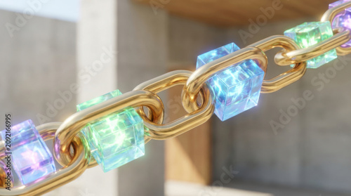 Gold chain with transparent crystal links in soft light, luxury abstract closeup, business integration concept