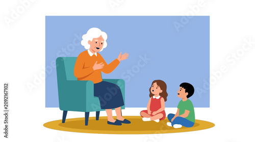Senior citizens day vector showing grandmother telling stories to kids