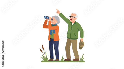 Senior citizens day vector showing active elderly couple birdwatching
