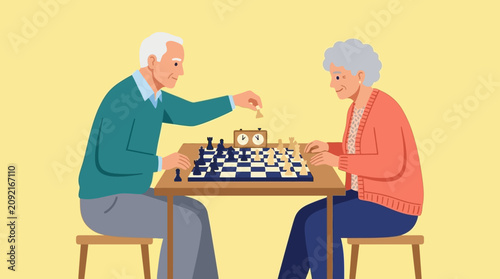 Senior citizens day vector showing elderly couple playing chess