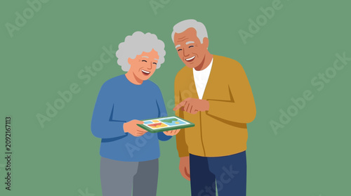 Elderly couple using a digital tablet for senior citizens day vector
