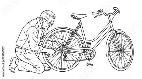 Senior man fixing a bicycle wheel for senior citizens day vector