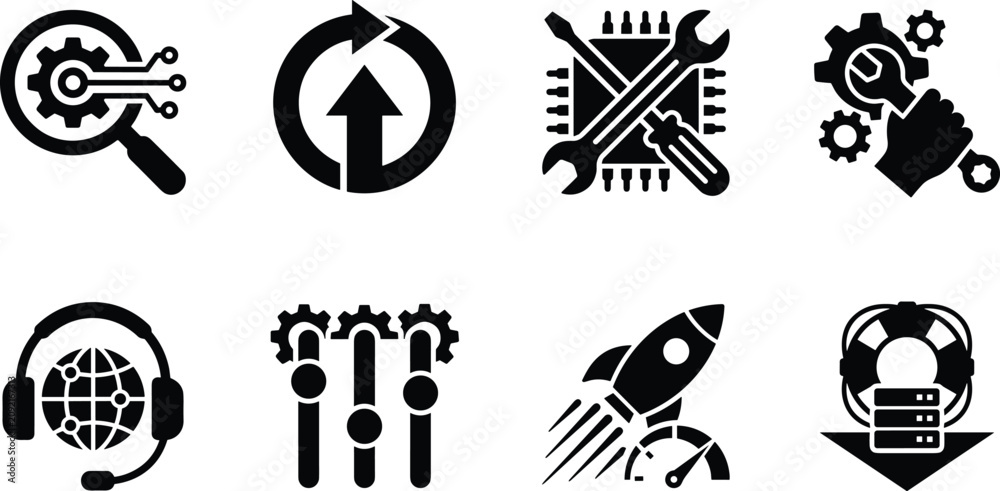 Fototapeta premium Information Technology Technical Support System Optimization and Hardware Maintenance Black Silhouette Icon Set