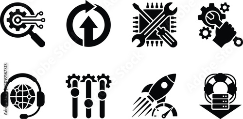 Information Technology Technical Support System Optimization and Hardware Maintenance Black Silhouette Icon Set