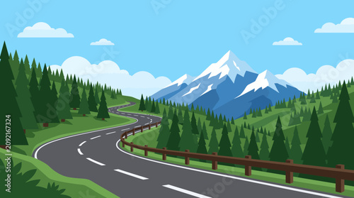 Minimalist flat mountain landscape background with winding road pine forest and snowy peak banner