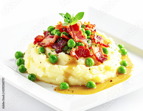 Creamy mashed potato dish with bacon and green peas, fine dining. AI