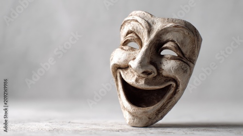 Aged comedy theatrical mask with a joyful expression