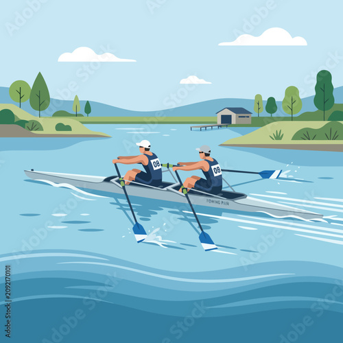 Schilderij op canvas Two athletes row a racing boat across a calm blue river water