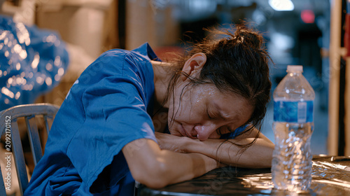 Volunteer at the end of a long shift sits alone on a metal chair in a back hallway of a shelter, head resting on folded arms on a table, a half-empty water bottle beside her, the emotional weight of