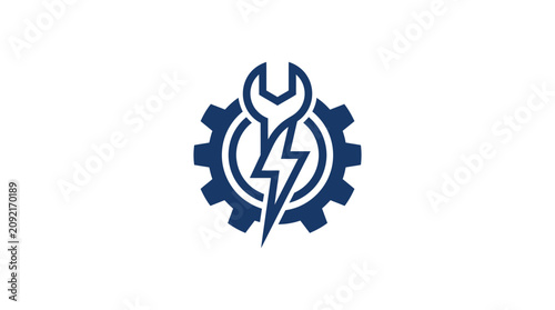 Gear with wrench and lightning bolt.