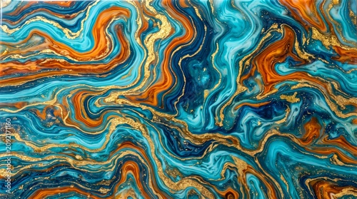 Abstract Marble, Fluid Teal, gold orange tale blue colorful marble surface texture background
