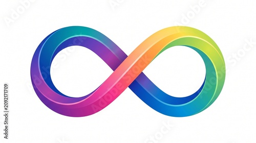 “Colorful infinity symbol glows with gradient ribbon, vibrant hues of blue, purple, pink, orange, yellow, green radiate boundless energy and eternal continuity.”