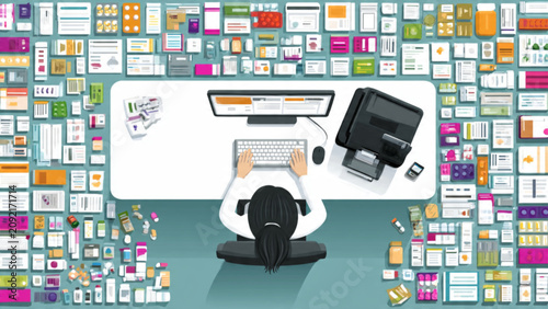 top-down view of a woman working at a cluttered computer desk with multiple electronic devices and office supplies in a busy workspace