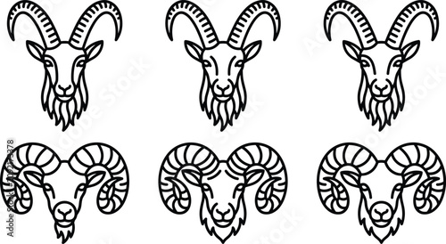 Bild auf Leinwand Horned Animal Head Line Art Vector Set Featuring Ram Goat Ibex and Aries Zodiac