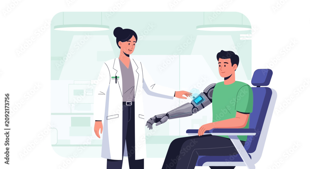 Fototapeta premium Doctor Explores Futuristic Robotic Arm Prosthetic on Patient in Medical Lab