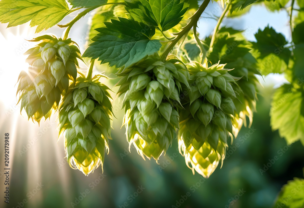 Obraz premium Green hops cones growing on vine in sunlight