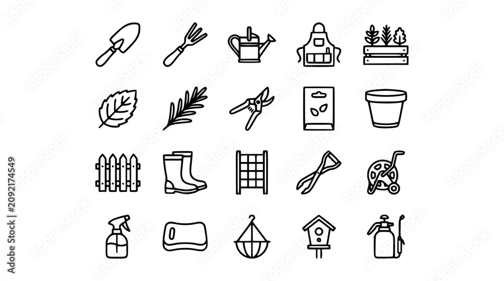 Fototapeta premium Garden Tools and Supplies Vector Icons Collection on White Background Simple Style