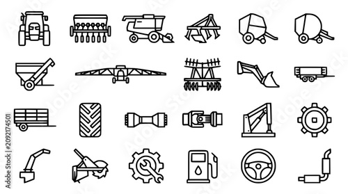 Fotografía Farm Equipment Vector Icons Set Agricultural Machinery Line Art