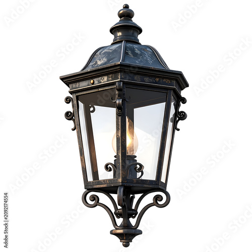 Vintage Wrought Iron Wall Lantern with Glowing Bulb Isolated on White