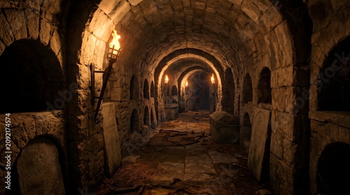 old Catacombs, Mystical, Environment with medieval catacombs with covered floors, with torches inside the cave
