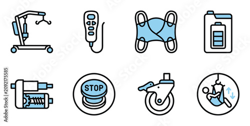 Minimalist medical icon set with blue and black outlines, depicting patient lift equipment for safe transfer, clinical care