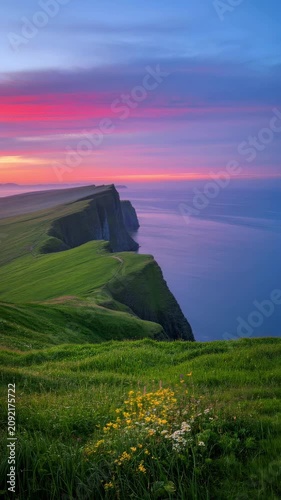 Breathtaking sunset over lush green coastal cliffs and ocean, dramatic colorful sky landscape