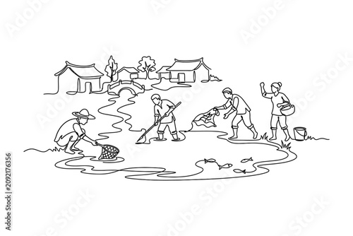 Line art illustration of farmers working together in a rural pond.
