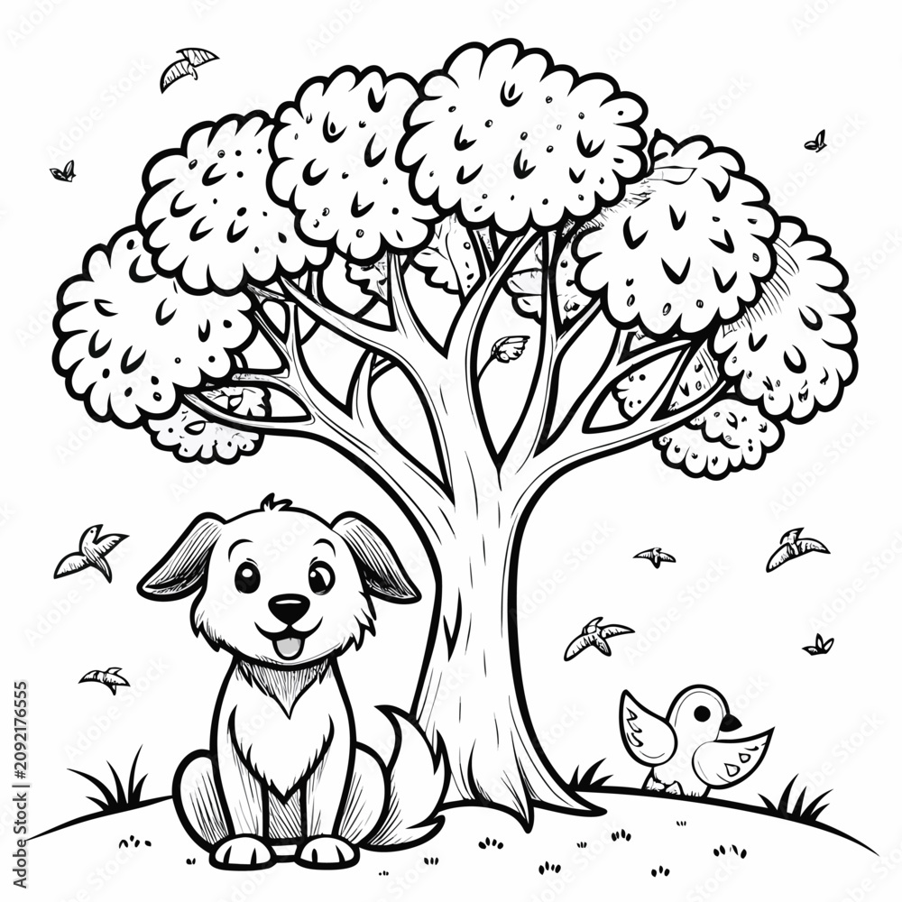 Fototapeta premium Cute puppy sitting under a large tree with birds flying around