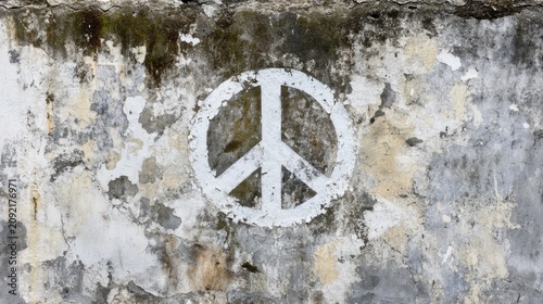 White peace symbol painted on weathered textured wall