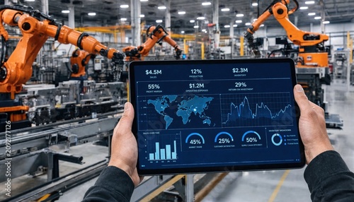 Engineer using tablet dashboard in smart factory with robotic automation system for industrial production monitoring, manufacturing analytics, and operational data management.