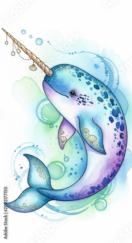 Dreamy Watercolor Narwhal: Gentle Dive in Pearly Blues & Greens