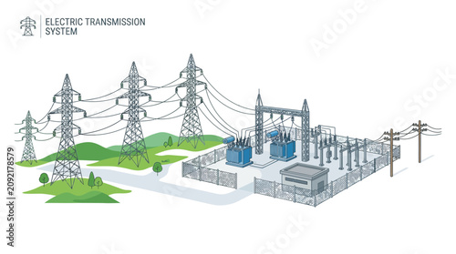 A diagram showing a large electrical power distribution grid system