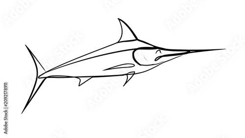 Sailfish line drawing illustration white background.