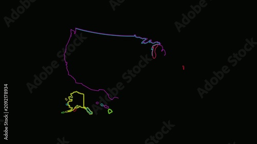 Neon Outline Map of USA - Vibrant States on Black Background