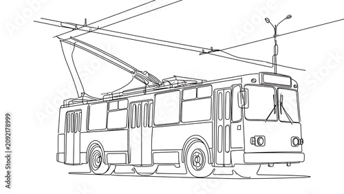 Vintage trolleybus line drawing on white background.