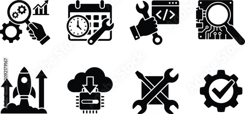 Software Development Technical Maintenance Systems Optimization and DevOps Cloud Deployment Black Silhouette Icon Set