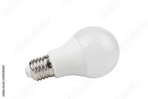 Konstfotografi White LED light bulb with silver screw base lying horizontally