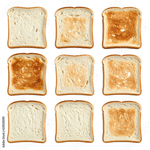 Set of White Bread Slices Toasted at Different Levels Isolated on White