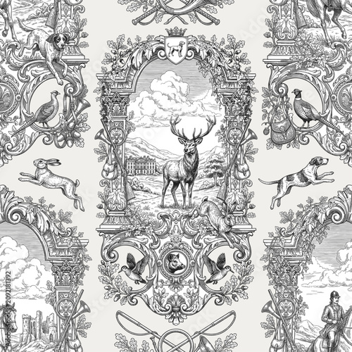 Bild auf Leinwand Seamless vector pattern with traditional European hunting motifs