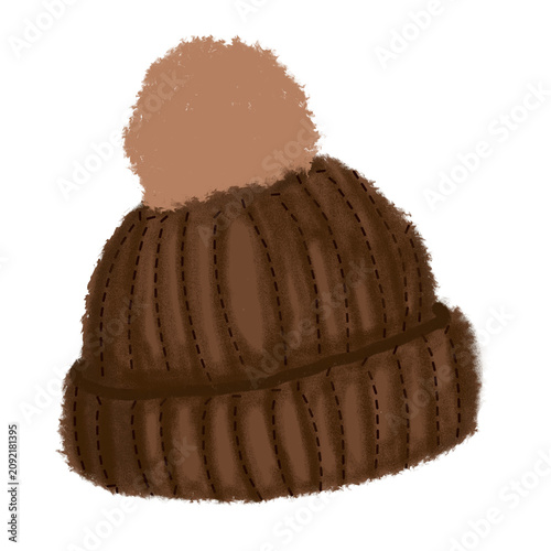 Brown Knit Winter Beanie Hat with Pom Pom Hand Drawn Cozy Autumn Illustration