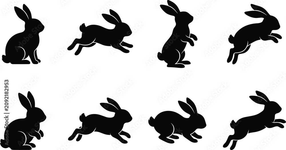 Fototapeta premium Rabbit Silhouette Icon Set Featuring Sitting Running Jumping and Hopping Bunny PosesRabbit Silhouette Icon Set Featuring Sitting Running Jumping and Hopping Bunny Poses