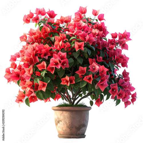 Vibrant Red Bougainvillea Flowers in Terracotta Pot Isolated on White