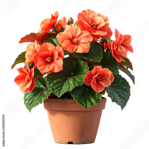 Beautiful Blooming Orange Begonia Flower in Terracotta Pot Isolated