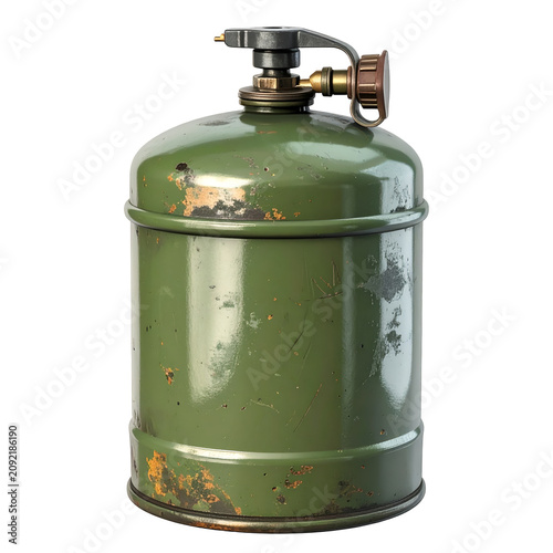 Vintage Weathered Green Metal Gas Canister Isolated on White Background