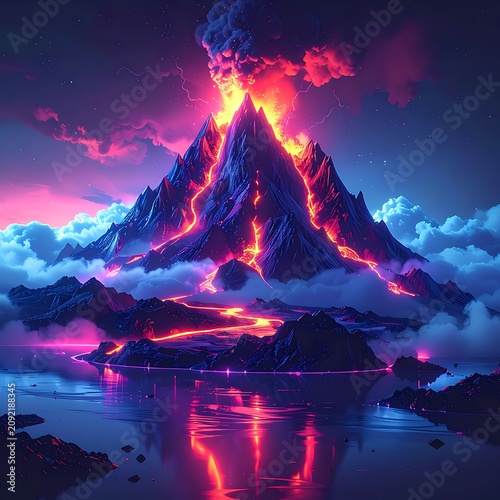 Erupting volcano with lava and clouds.