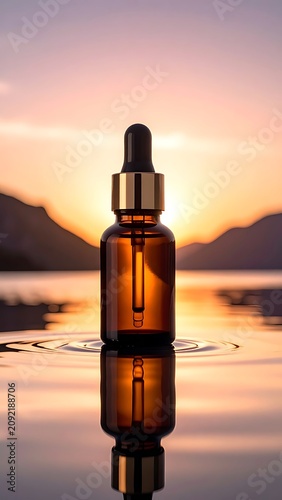 Essential oil bottle on water sunset.