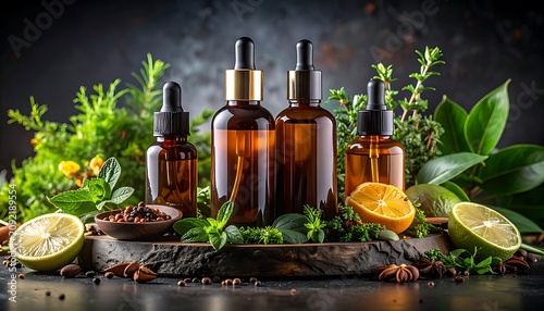 Essential oil bottles with citrus herbs.