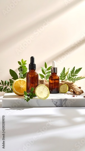 Essential oils and natural ingredients display.