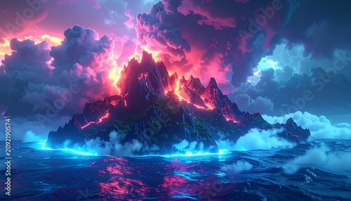 Fantasy volcanic island erupting in ocean.